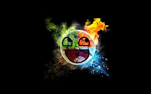émoticône multicolore illustration, mèmes, visage heureux, éléments, visage génial, smiley, fond noir, Fond d'écran HD HD wallpaper