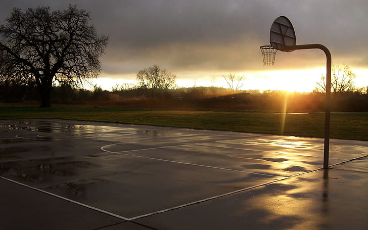 Basket, Lapangan Basket, Olahraga, olahraga, matahari terbenam, Wallpaper HD