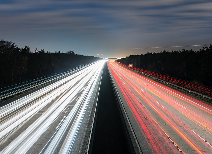 timelapse photography of road, road, traffic lights, long exposure, night, highway, trees, light trails, HD wallpaper