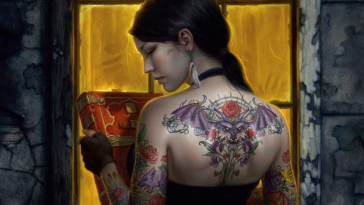 Татуировка HD, жена с татуировка, фантазия, татуировка, HD тапет