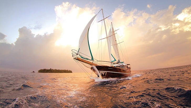 Laut, kapal, perahu layar, air, matahari terbenam, awan, perahu layar coklat dan putih, laut, kapal, perahu layar, air, matahari terbenam, awan, Wallpaper HD
