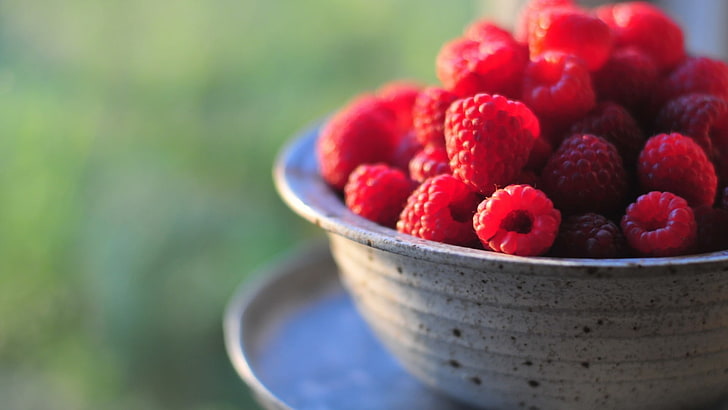 red berries in gray steel plate, raspberries, food, HD wallpaper