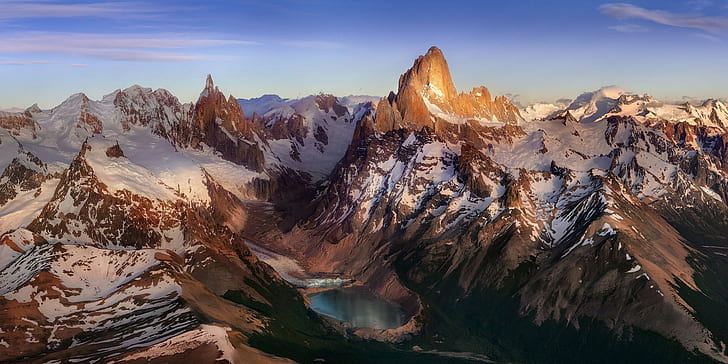 планини, езеро, снежен връх, Анди, Патагония, Аржентина, въздушен изглед, природа, пейзаж, HD тапет