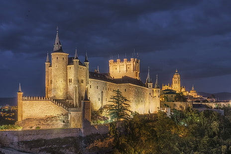 нощ, замък, подсветка, Испания, Алкасар, Сеговия, HD тапет HD wallpaper