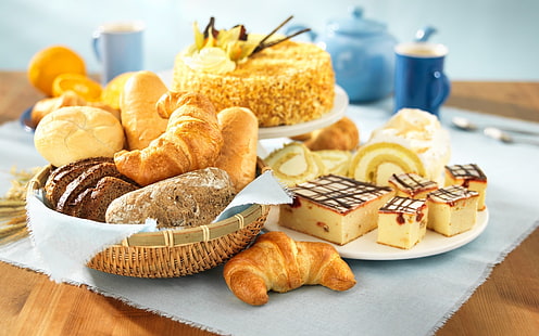 пирожные, хлеб, круассан, десерты, сладости, еда, HD обои HD wallpaper