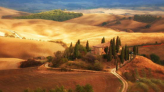 Италия, Тоскана, полета, есен, къща, дървета, път, Италия, Тоскана, полета, есен, къща, дървета, път, HD тапет HD wallpaper