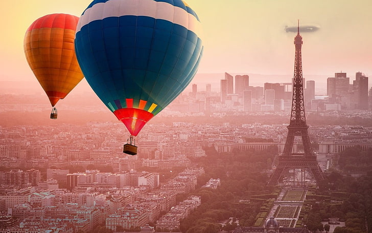 blue and red table lamp, Paris, hot air balloons, HD wallpaper