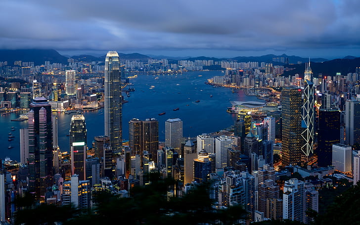 منظر مدينة هونغ كونغ ، ملصق هونغ كونغ ، منظر طبيعي ، مباني ، أضواء المدينة، خلفية HD