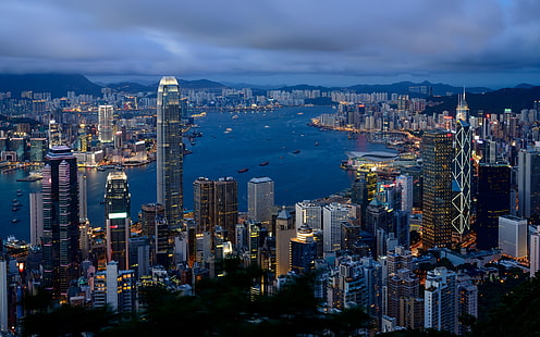 Vista da cidade de Hong Kong, cartaz de hong kong, paisagem, edifícios, luzes da cidade, HD papel de parede HD wallpaper