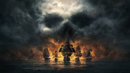  pirates, Pirate Flag, Pirate ship, skull, clouds, sea, fire, ship, HD wallpaper HD wallpaper