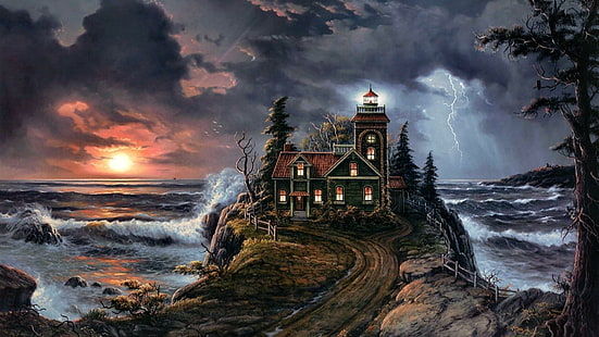 ภาพวาดสีน้ำมัน Stormy Lighthouse นามธรรมภาพวาดประภาคารน้ำมันทะเลที่มีพายุ 3 มิติและนามธรรม, วอลล์เปเปอร์ HD HD wallpaper