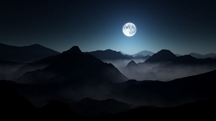 Mörkt, landskap, dimma, måne, månsken, berg, natur, stjärnklar natt, HD tapet