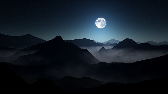 Тъмно, пейзаж, мъгла, Луна, лунна светлина, планина, природа, Звездна нощ, HD тапет HD wallpaper