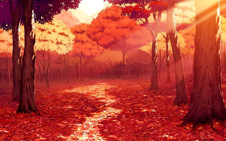 red trees forest wallpaper, illustration of trees during golden hour, drawing, artwork, fall, leaves, sunlight, forest, red, anime, orange, path, HD wallpaper