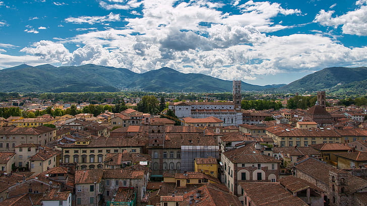 Lucca, Tuscany, Italy, brown house lot, Italy, mountains, panorama, houses, Tuscany, rooftops, buildings, Lucca, HD wallpaper