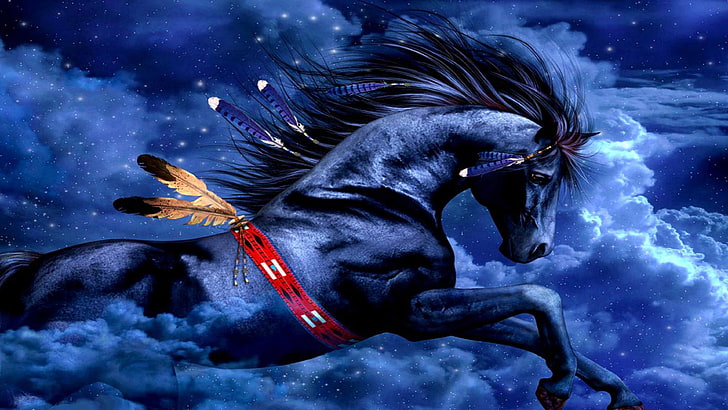 fantasy art, horse, dream, fantasy, cloud, stars, starry, night, feather, HD wallpaper