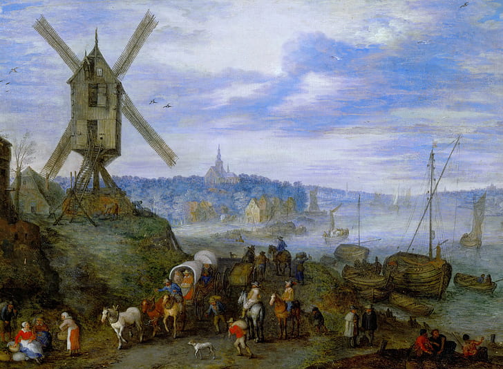 landscape, picture, Jan Brueghel the elder, River Pier with Mill, HD wallpaper