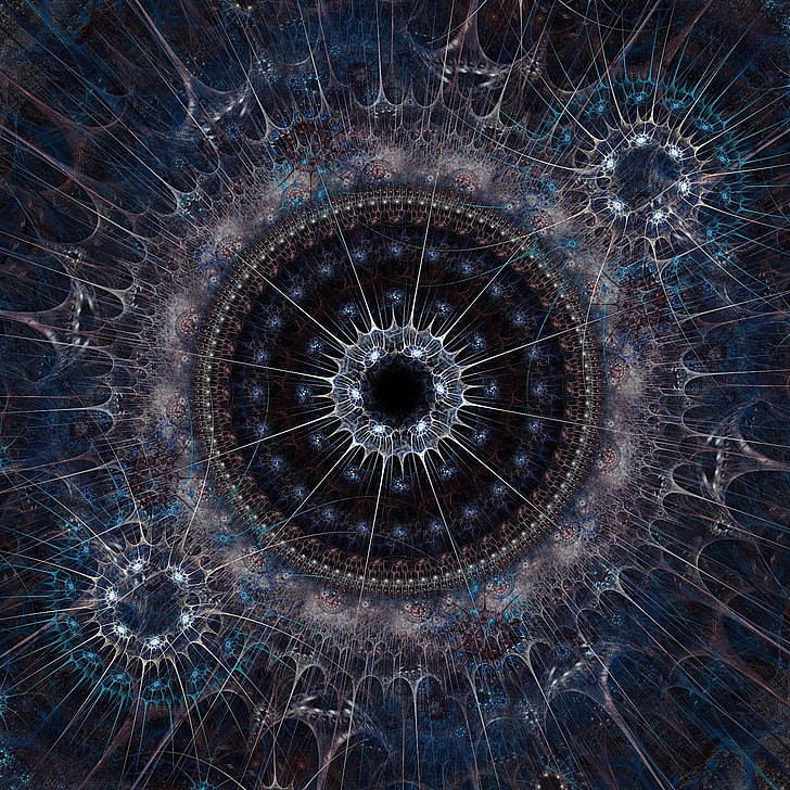 круглые сине-серые обои, Кэмерон Грей, духовные, сакральная геометрия, фрактал, цифровое искусство, HD обои