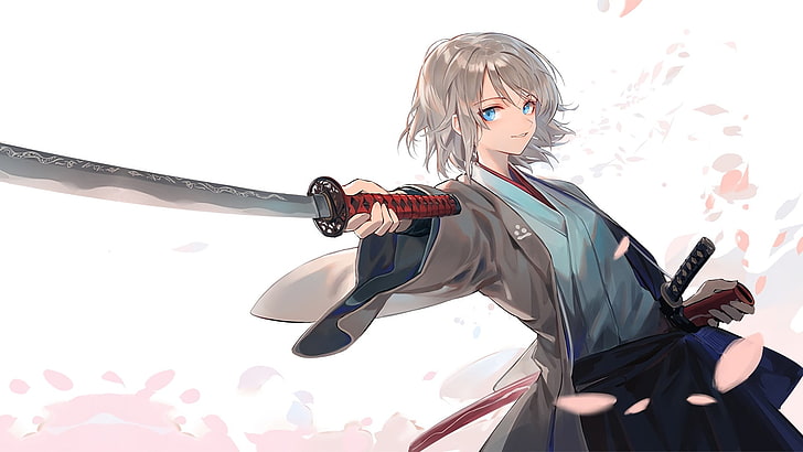 Anime, Manga, Anime Girls, weißer Hintergrund, Samurai, Katana, Kimono, graues Haar, HD-Hintergrundbild
