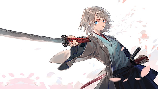 Anime, Manga, Anime Girls, weißer Hintergrund, Samurai, Katana, Kimono, graues Haar, HD-Hintergrundbild HD wallpaper