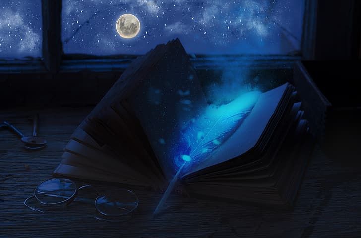 sztuka fantasy, Księżyc (film), okładka książki, światła, Tapety HD