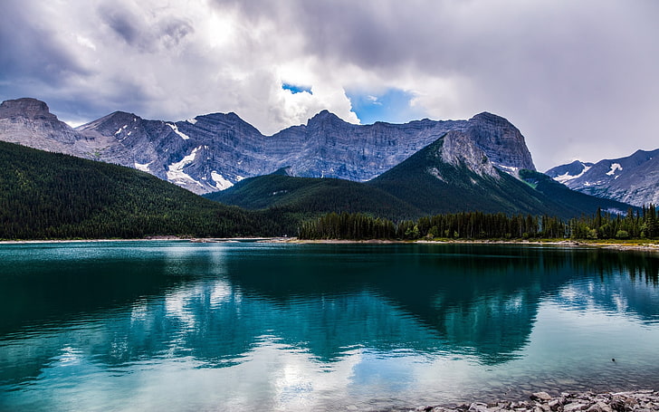 природа, пейзаж, озеро, лето, отражение, горы, облака, альберта, канада, лес, вода, HD обои