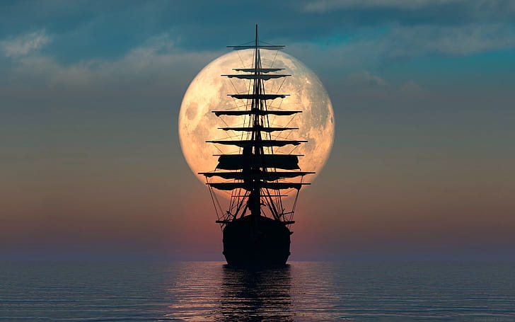 sea, the moon, sailboat, a remake, HD wallpaper