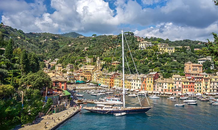 building, home, yacht, port, Italy, boats, promenade, harbour, Portofino, Liguria, Marina di Portofino, HD wallpaper