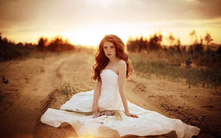 Красивая невеста, девушка, белое платье, песок, дорога, Красивая, невеста, девушка, белое, платье, песок, дорога, HD обои
