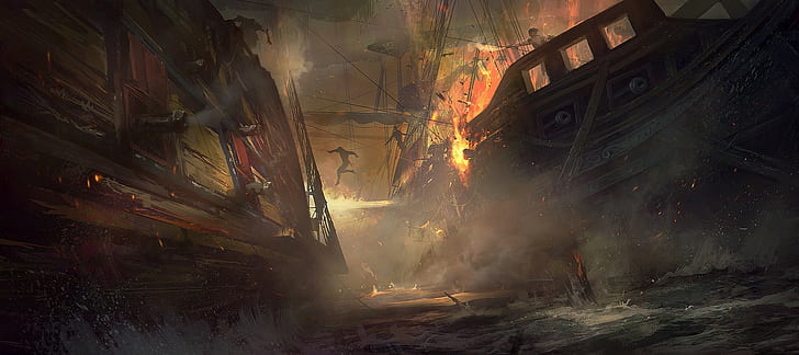 фэнтези арт, произведения искусства, пираты, корабль, морские сражения, HD обои