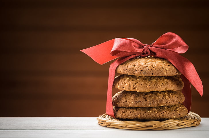 cookies, wood, cakes, a red ribbon, oat, HD wallpaper