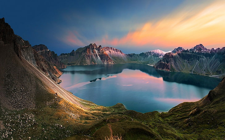 naturaleza, paisaje, montañas, lago, nubes, pico nevado, agua, calma, China, azul, Fondo de pantalla HD