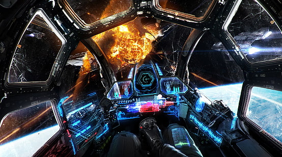 Kampfjet Illustration, Kunstwerk, Science-Fiction, Raum, Raumschiff, HUD, Explosion, digitale Kunst, Krieg, Cockpit, HD-Hintergrundbild HD wallpaper