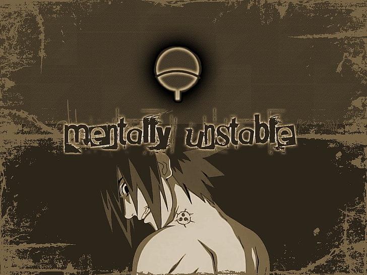 Texto mentalmente inestable, Uchiha Sasuke, Naruto Shippuuden, sepia, tipografía, anime, Fondo de pantalla HD