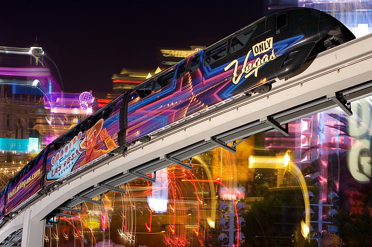 siyah ve kırmızı lunapark treni, Las Vegas, uzun pozlama, gece, ışıklar, ikinci el araç, HD masaüstü duvar kağıdı
