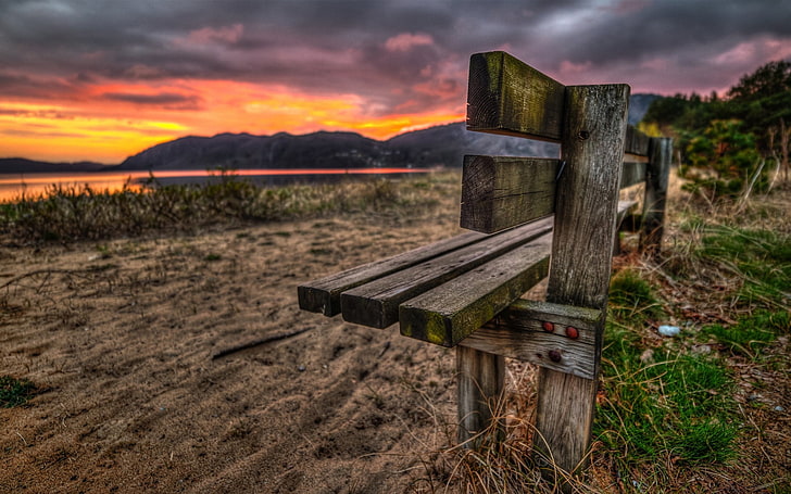 grey wooden bench, bench, sand, evening, romanticism, decline, lake, grass, nails, HD wallpaper