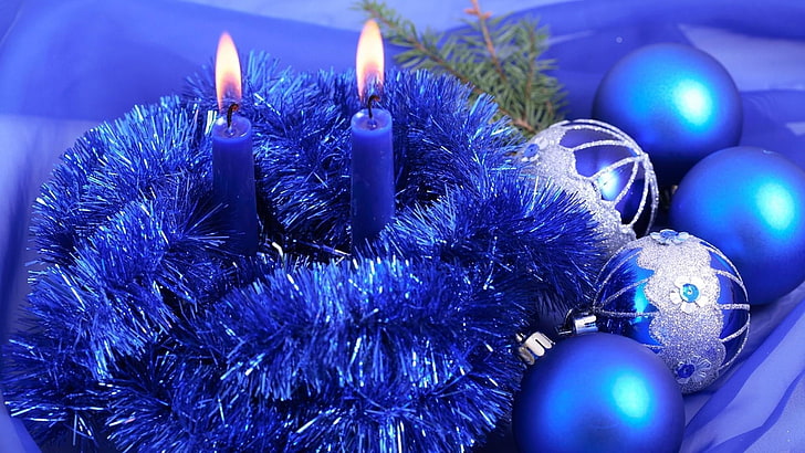 сини фенечки, Коледа, празник, коледни орнаменти, HD тапет