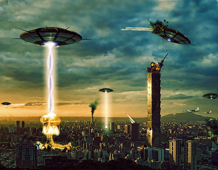 aliens, architecture, battles, buildings, cities, destruction, digital art, fire, flames, invasions, manipulations, sci fi, science fiction, skyscrapers, spacecrafts, spaceships, ufo, vehicles, wars, HD wallpaper