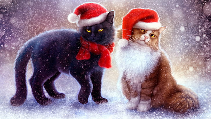 котки, котка, изкуство, Дядо Коледа, мустаци, коте, Коледа, произведения на изкуството, HD тапет