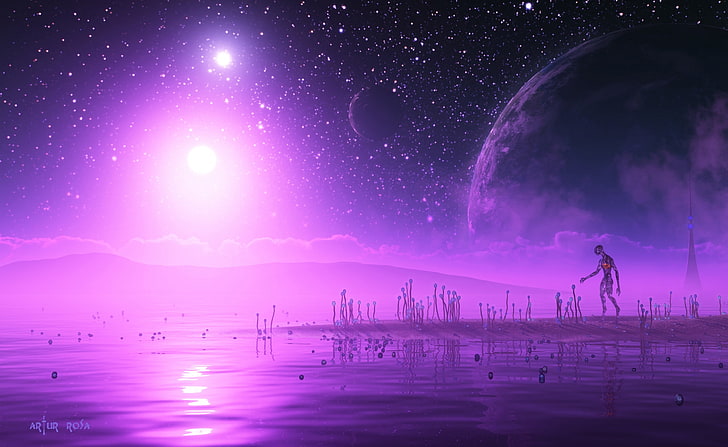 Purple Univers, person walking on purple land wallpaper, Artistic, 3D, Purple, Univers, HD wallpaper