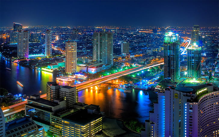 بانكوك تايلاند ليلة بانوراما من جسر نهر المدينة مصابيح مضاءة جدران المباني HD 1920 × 1200، خلفية HD