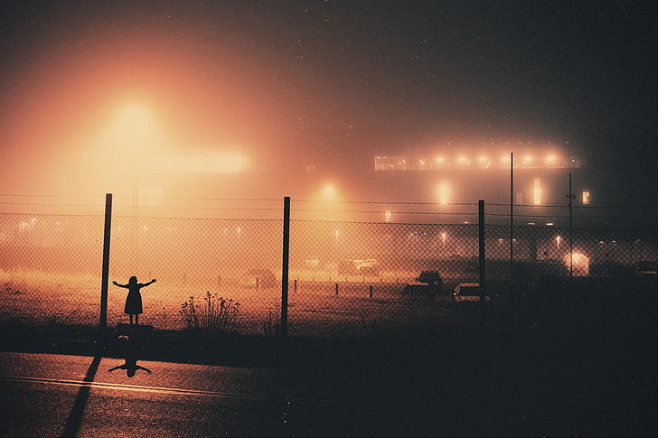 фотография, звено цепи, туман, здания, огни, дорога, ночь, HD обои