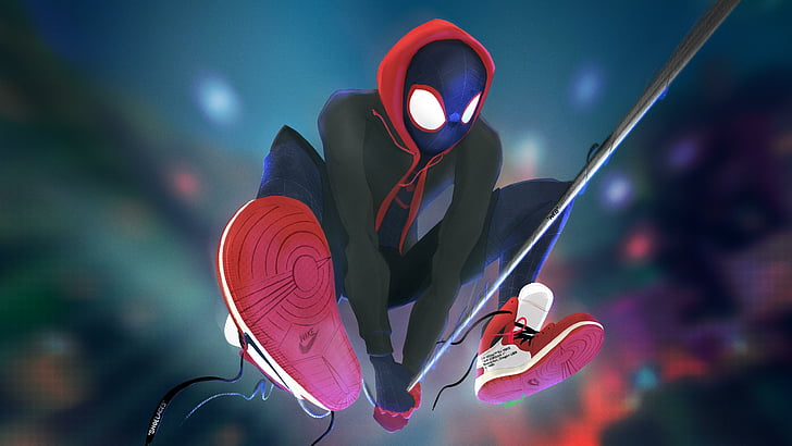 spiderman wearing white-and-red shoes, Spider-Man: Into the Spider-Verse, Marvel Comics, Animated, 2018, 4K, HD wallpaper