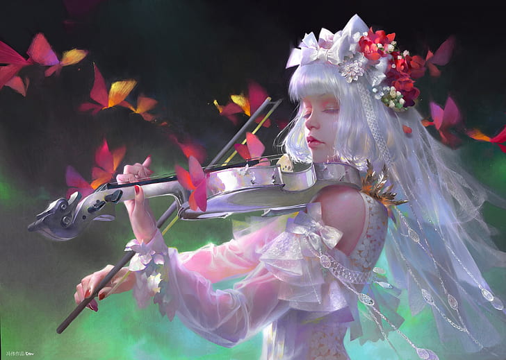 girl, butterfly, music, violin, fantasy, Illustration, The New Works.新作, Wei Feng, HD wallpaper