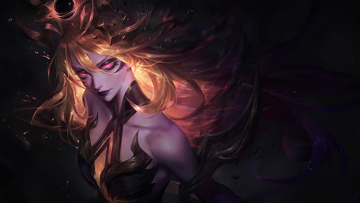 Lux (League of Legends), League of Legends, dark background, looking at viewer, purple lipstick, red eyes, redhead, HD wallpaper