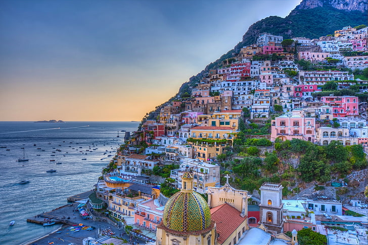 morze, krajobraz, wybrzeże, budynek, Włochy, Zatoka, Kampania, Wybrzeże Amalfi, Positano, Zatoka Salerno, Kampania, Tapety HD