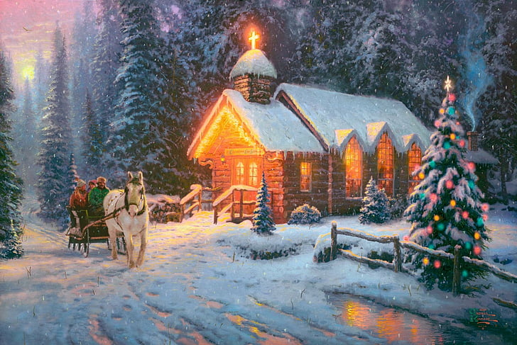 Artistic, Painting, Christmas Tree, Church, Horse Drawn Vehicle, Snow, Winter, HD wallpaper