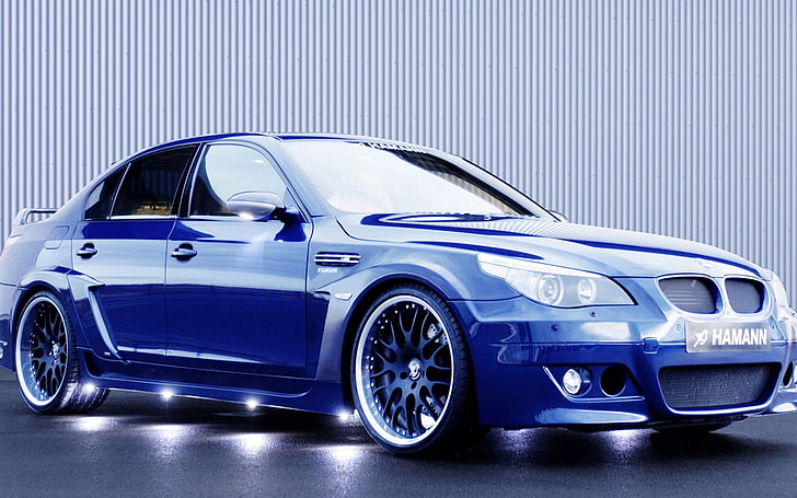 blue BMW 5 Series E60 sedan, blue, wheels, bmw, HD wallpaper