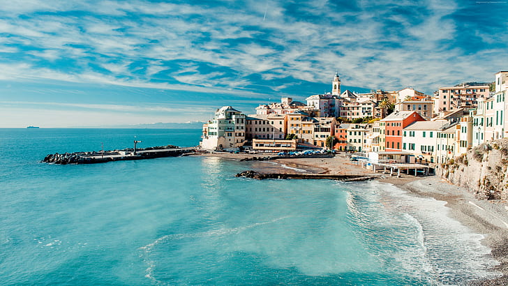 Italia, pantai, Laut Tirenia, rumah, langit, awan, pemesanan, istirahat, Perjalanan, Wallpaper HD