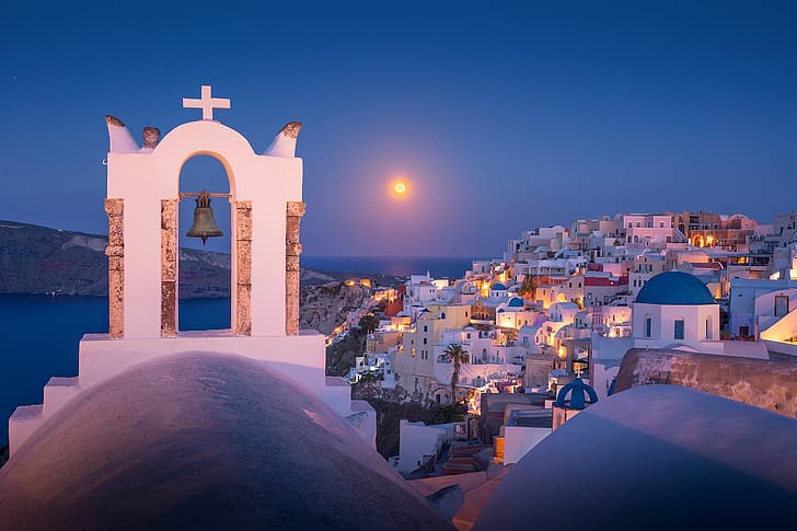 sea, the sun, sunrise, dawn, building, home, morning, Santorini, Greece, Church, bell, Oia, The Aegean sea, Aegean Sea, HD wallpaper